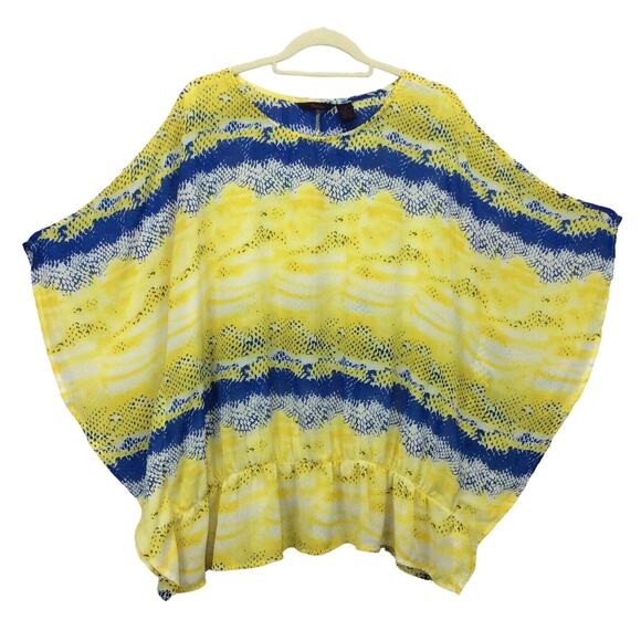Fucsia Poncho Top/Blouse Women's Size 3X Blue/Yellow Boho Flowy Sheer Colorful - Picture 4 of 7